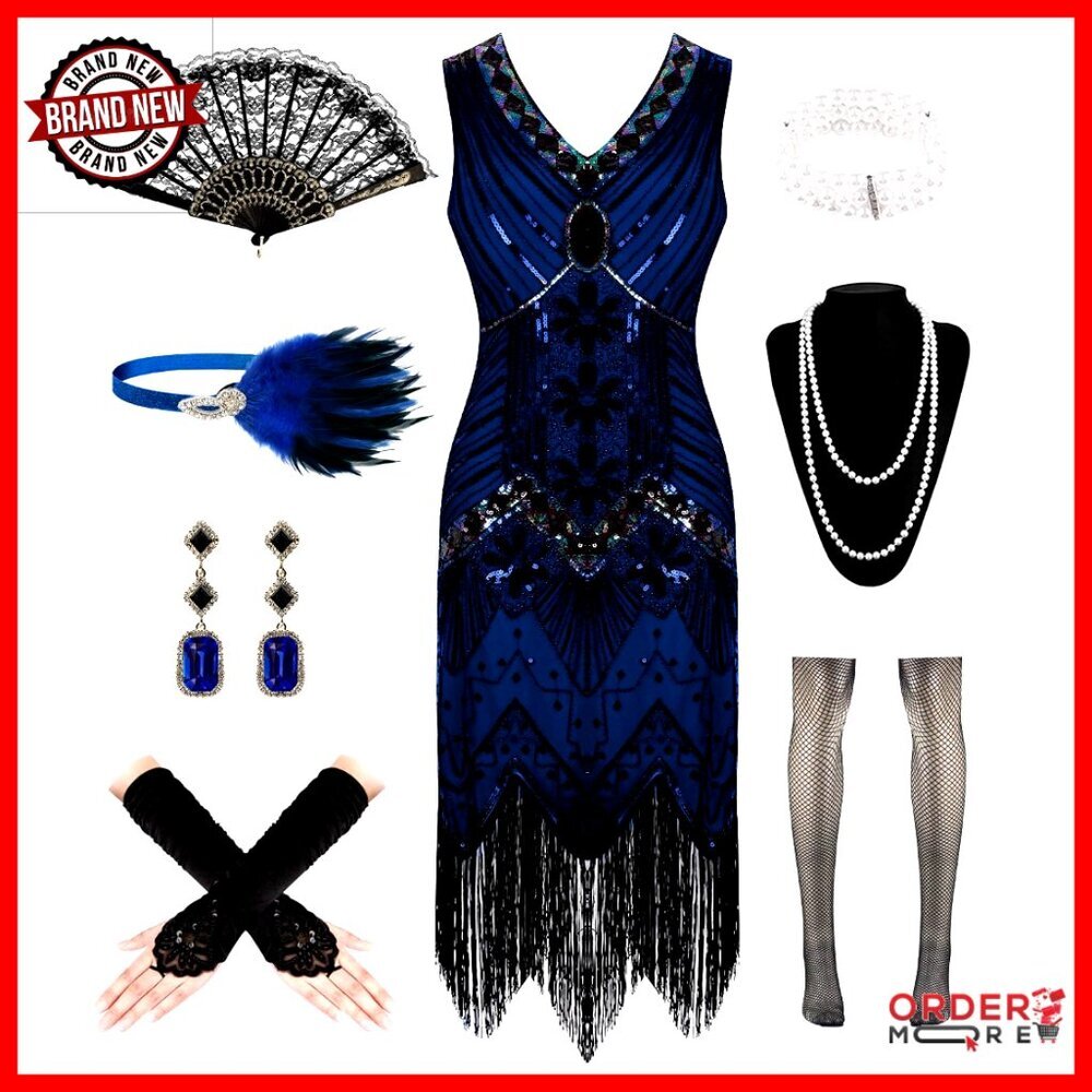 Vintage 1920s Flapper Dress Set with Accessories, Polyester, Costume
